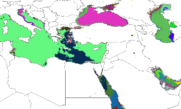 Aquatic Ecoregions found within the Ponto-Caspian seas, shown in Random Colors
