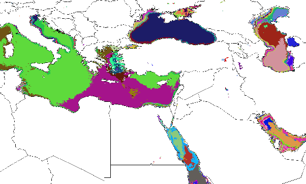 Aquatic Ecoregions from the 3000-ecoregion set found within the Ponto-Caspian seas, shown in Random Colors