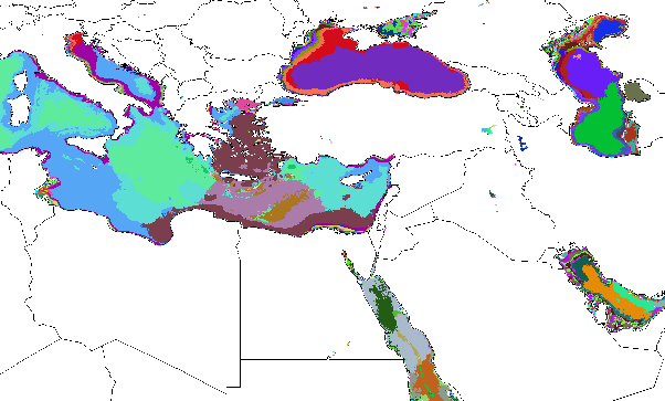 Aquatic Ecoregions from the 5000-ecoregion set found within the Ponto-Caspian seas, shown in Random Colors