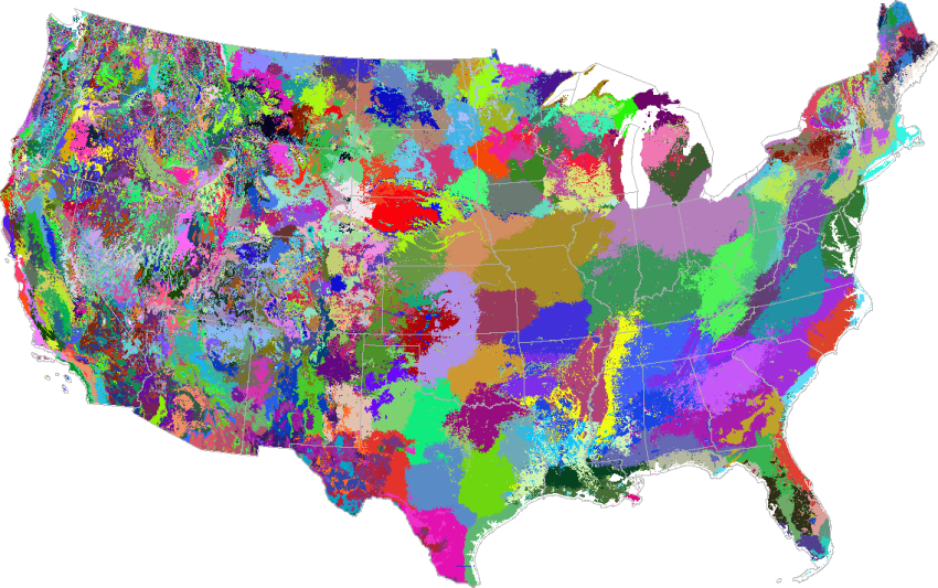3000 Most-Different Wildfire Biophysical Regions from the WX-BGC Model, shown in Random Colors