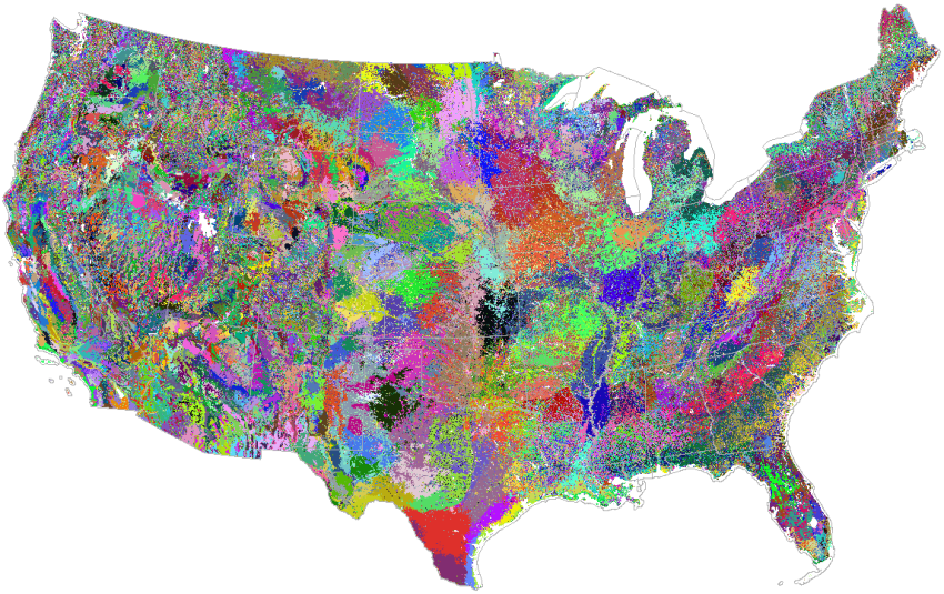 3000 Most-Different Wildfire Biophysical Regions from Remote Sensing, shown in Random Colors