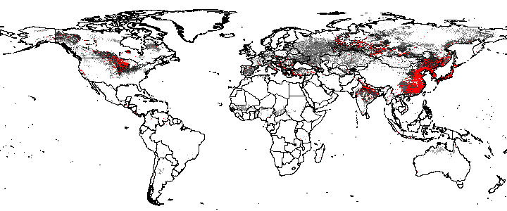 Global Extent of Areas Susceptible to Invasives from South Korea, based on 5000 Most-Different Quantitative Global Ecoregions, Trained Using the 70 Ecoregions occurring within South Korea (shown in red)