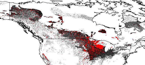 Areas within Canada and the United States that are Susceptible to Invasives from South Korea, based on 5000 Most-Different Quantitative Global Ecoregions, Trained Using the 70 Ecoregions occurring within South Korea (shown in red)