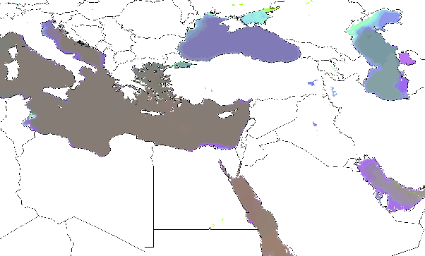 Aquatic Ecoregions from the 3000-ecoregion set found within the Ponto-Caspian seas, shown in Similarity Colors