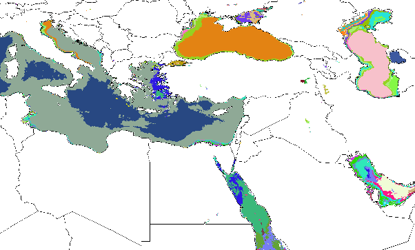 Aquatic Ecoregions found within the Ponto-Caspian seas, shown in Random Colors