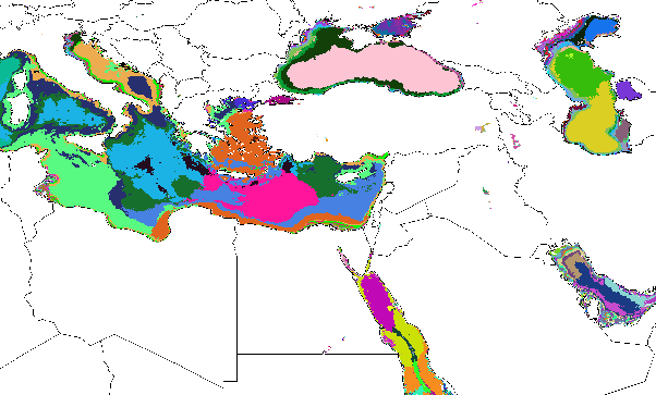 Aquatic Ecoregions from the 3000-ecoregion set found within the Ponto-Caspian seas, shown in Random Colors