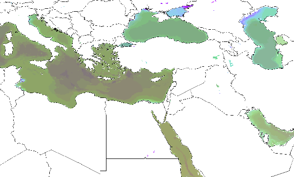 Aquatic Ecoregions from the 3000-ecoregion set found within the Ponto-Caspian seas, shown in Similarity Colors