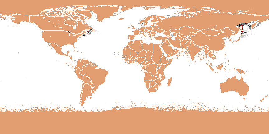 The degree of environmental similarity between Great Lakes aquatic ecoregion number 1077 and each of the other 3000 Most-Different Global Aquatic Ecoregions, shown as a gray scale where black is very similar and white is very different