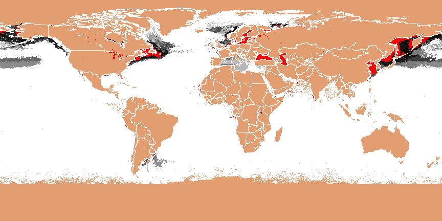 Great Lakes-ness, expressed as the degree of environmental similarity between the most-similar aquatic ecoregion within the Great Lakes and each of the other 3000 Most-Different Global Aquatic Ecoregions, shown as a gray scale where black is very similar and white is very different