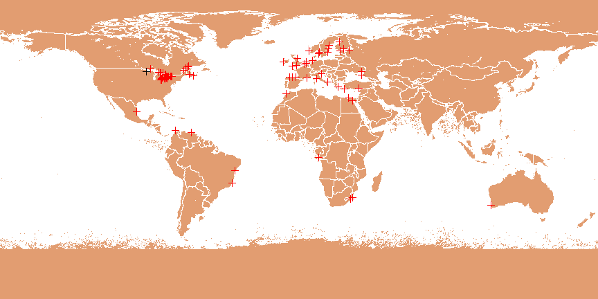 Global degree of environmental similarity between Duluth-Superior, WI and each of the other 5000 Most-Different Global Aquatic Ecoregions, shown as a gray scale where black is very similar and white is very different