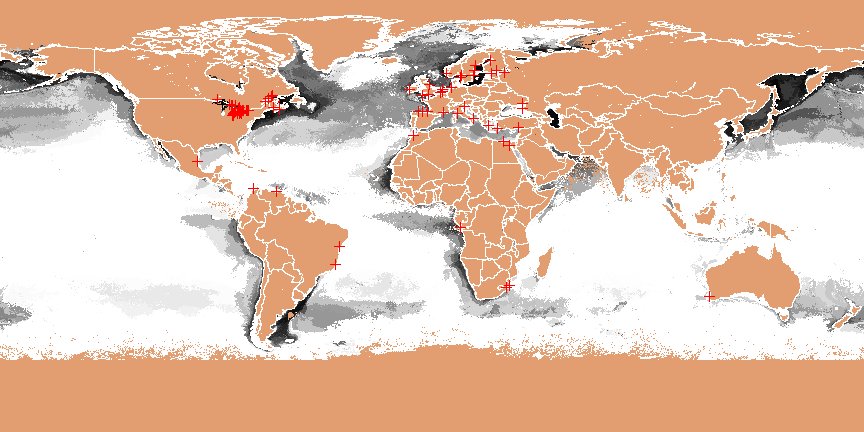 Degree of Multivariate Similarity of Aquatic Environments at Marquette-Presque, MI, to Those Present Elsewhere in the World, in terms of the 5000 Most-Different Global Aquatic Ecoregions, including bathymetry