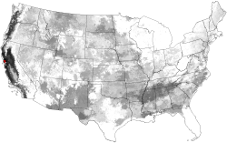 Multivariate Similarity to Environmental Conditions in Marin County, or 'Marin-County-ness,' based on the 1000-ecoregion map, as a Predictor of National SOD Susceptibility